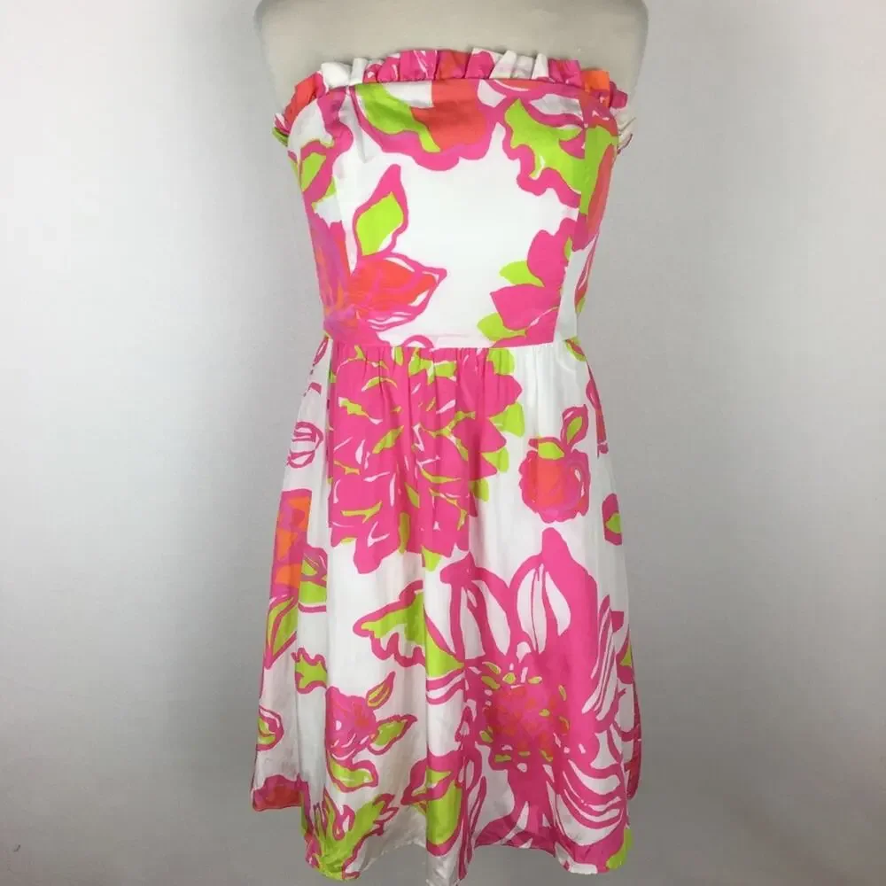 Lilly Pulitzer Pink Green Whtie  Floral Strapless Fit & Flare  Dress size 4 - Picture 2 of 12